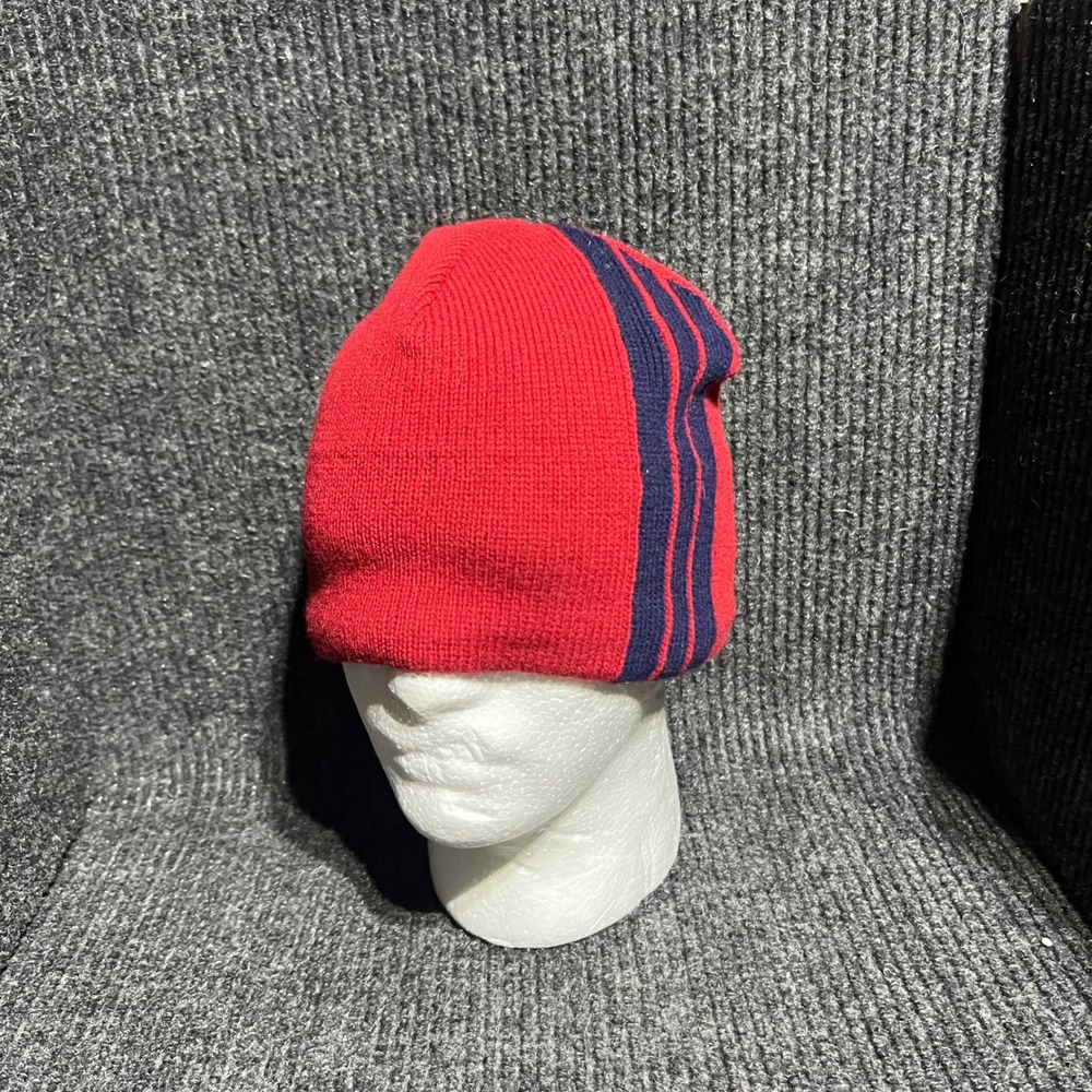 Vintage Polo Sport Beanie Mens OSFM Red Navy Blue Lambswool Fleece Lined Stripe